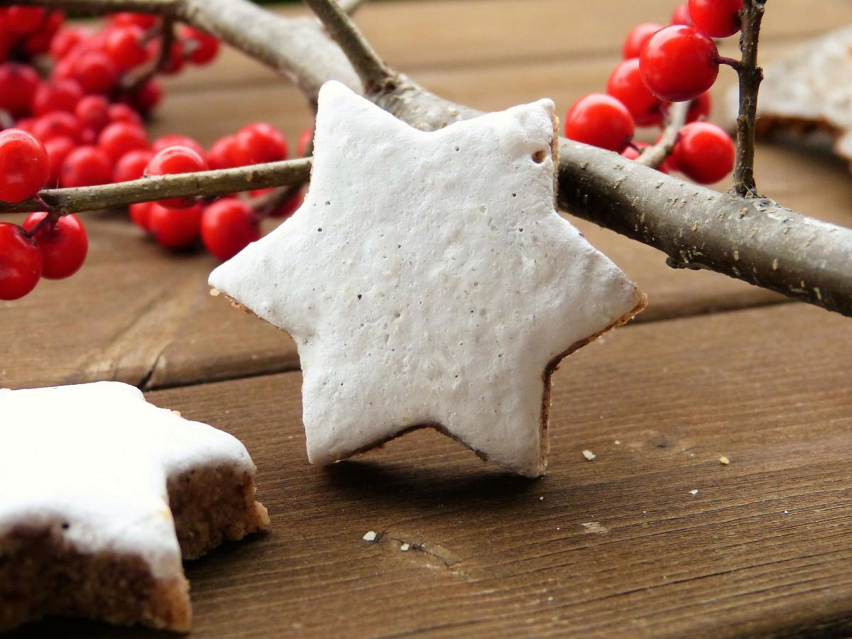 Zimtstern mit roten Beeren im Hintergrund