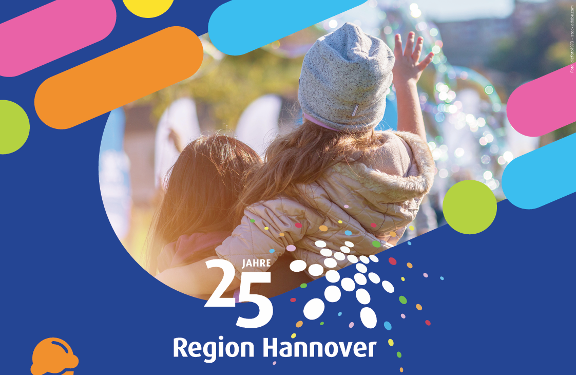 Ein Bild mit einem Kind und Seifenblasen mit Logo und Titel 25 Jahre REgion Hannover.