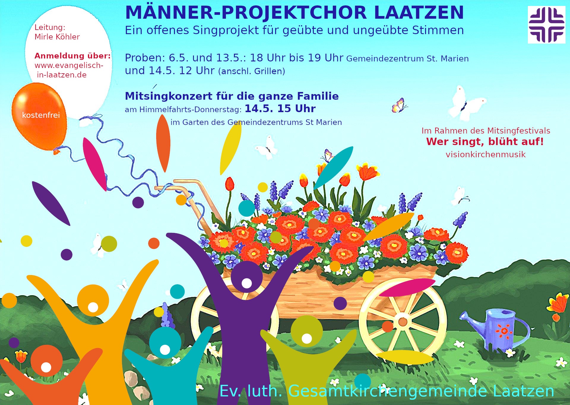 Bunter Flyer mit Informationen zur Veranstaltung und bunter Blumenwiese am unteren Rand