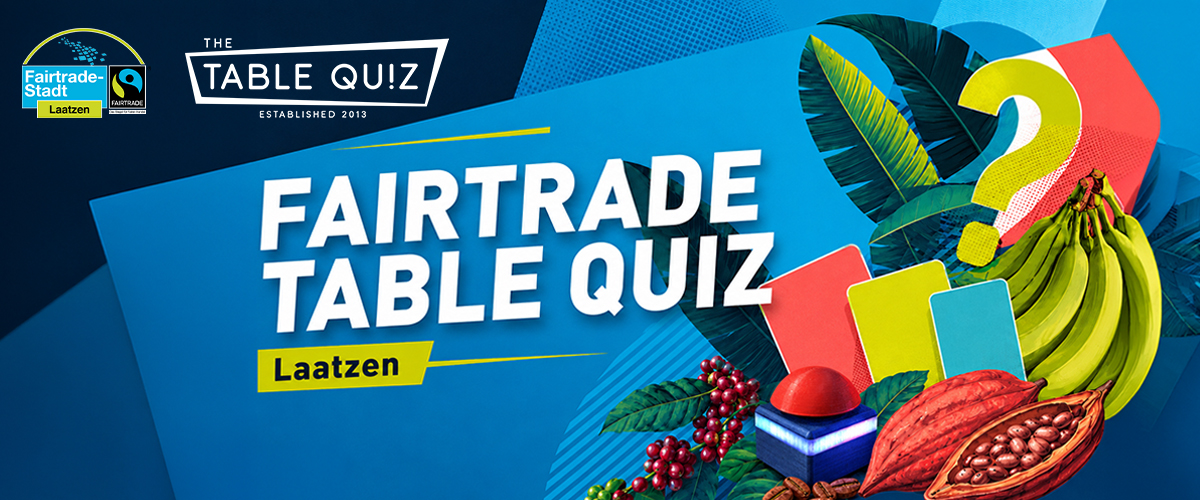 Logos der Fairtrade Initiative und vom Table Quiz Laatzen, blauer Hintergrund, Titel Fairtrade Table Quiz Laatzen, es ist Obst, Buzzer und Blätter mit einem Fragezeichen schematisch dargestellt.