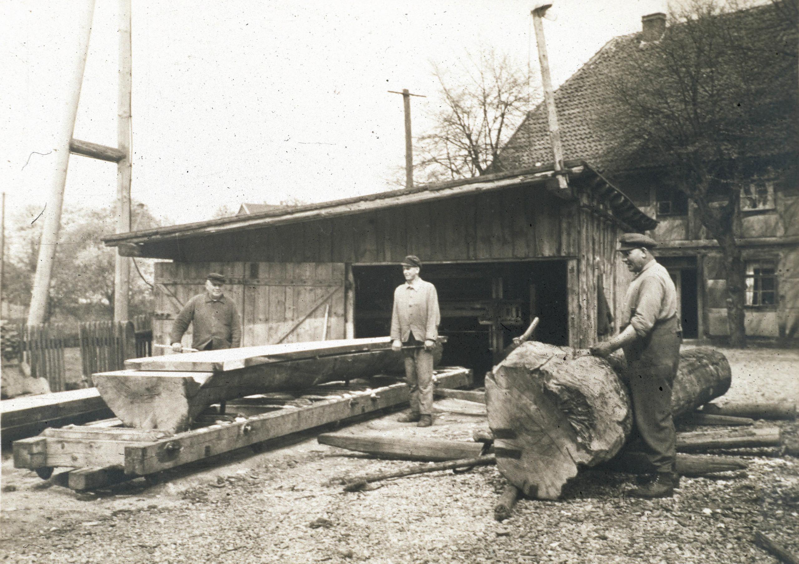 Drei Männer arbeiten mit Holz. Vor einem der Männer liegt ein großer Baumstamm, zwei anderer stehen neben einem gesägten Brett.