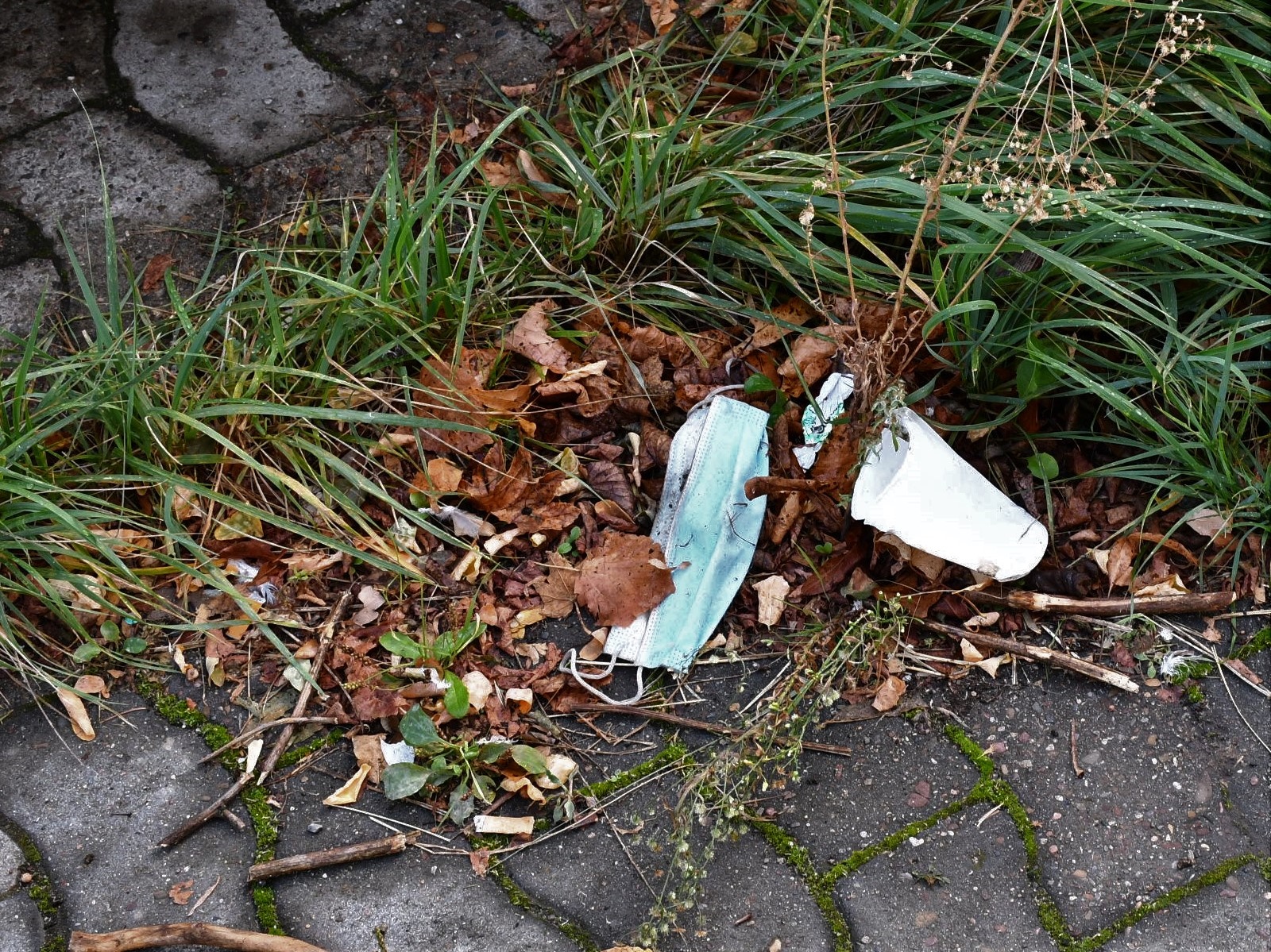 Eine Einwegmaske und ein Becher liegen im Gras.