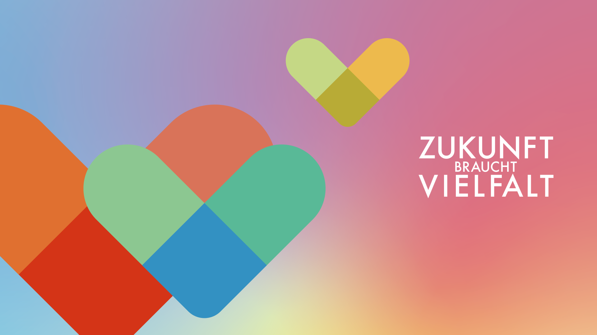 Stilisierte bunte Herzen auf einem blau, rosa Hintergrund mit dem Titel Zukunft braucht Vielfalt.