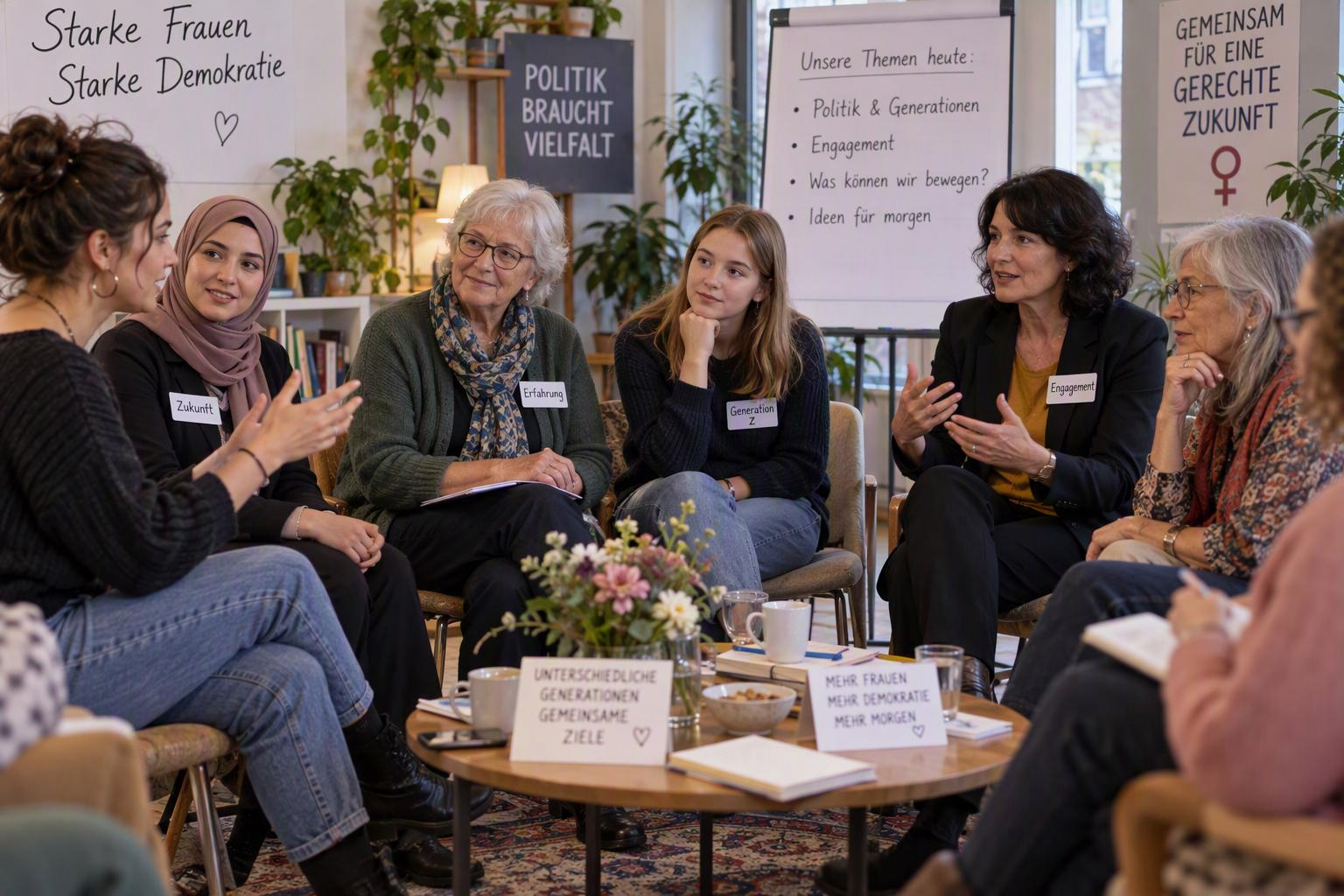 Frauen unterschiedlicher Generationen und Herkunft sitzen an einem Tisch und unterhalten sich. Plakate über Frauen und Demokratie und Engagement sind ebenfalls sichtbar.