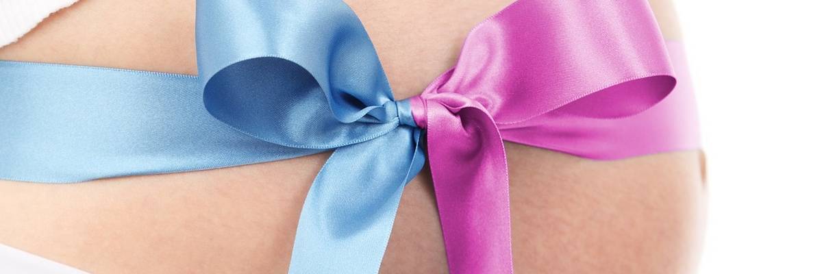Bauch einer Schwangeren mit einer Schleife in blau und rosa