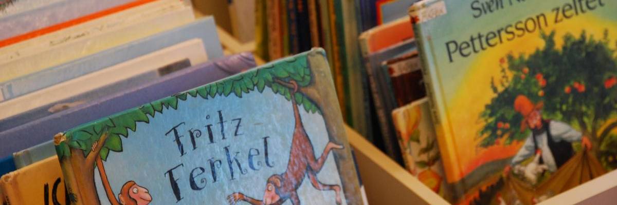 viele Bilderbücher im Holzkasten