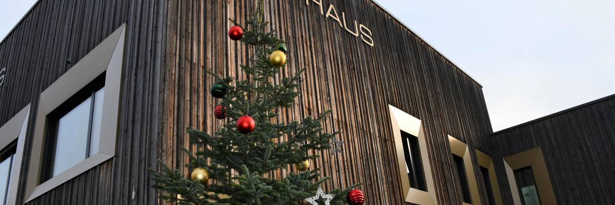 Ein Weihnachtsbaum, der mit roten und goldenen Kugeln geschmückt ist, steht vor einer Holzfassade.