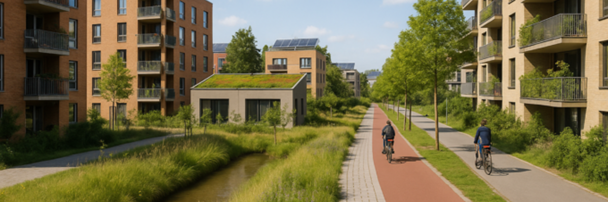 Häuser mit Wegen und Grünflächen.