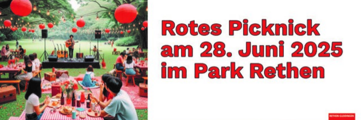 Auf der linken Seite ist ein Bild auf dem Menschen in einem Park sitzen und einem Musiker zuhören, auf der rechten Seite steht Text.