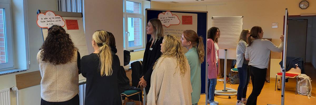 Die Teilnehmenden machen eine Arbeitsphase. An 5 Metaplanwänden hängen Aufgaben und in Dreiergruppen bearbeiten sie die Aufgaben. Alle 2 Minuten wird die Aufgabe gewechselt.