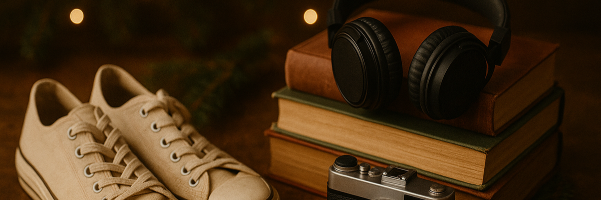 Sneaker, Bücher, Kopfhörer und eine Kamera auf einem Holztisch, dahinter warme Lichter und etwas Tannengrün.