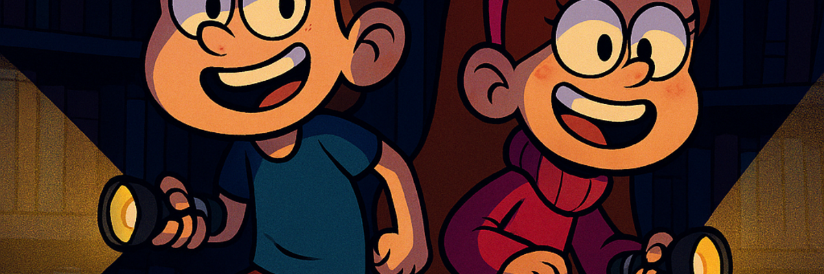 Zwei Kinder mit Taschenlampen im Dunkeln