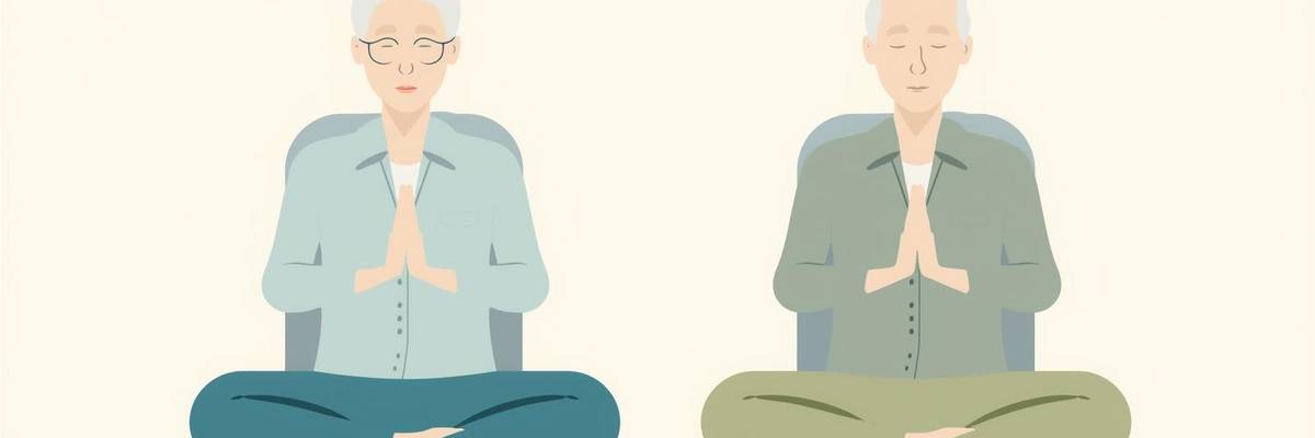 Grafik einer älteren Frau und eines älteren Mannes, die jeweils auf einem Stuhl sitzen und eine Yoga-Pose eingenommen haben.