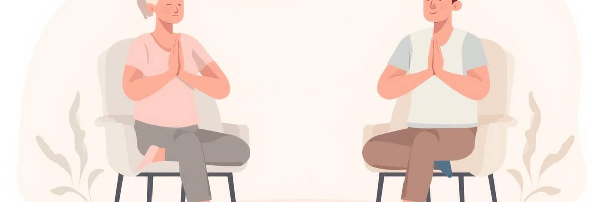 Grafik einer Frau und eines Mannes, die jeweils auf einem Stuhl sitzen und eine Yoga-Pose eingenommen haben.