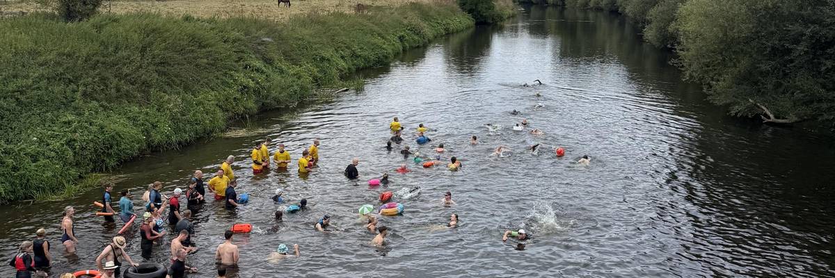 Schwimmerinnen und Schwimmer befinden sich in einem Fluss. Sie sind von oben, von einer Brücke aus fotografiert worden.