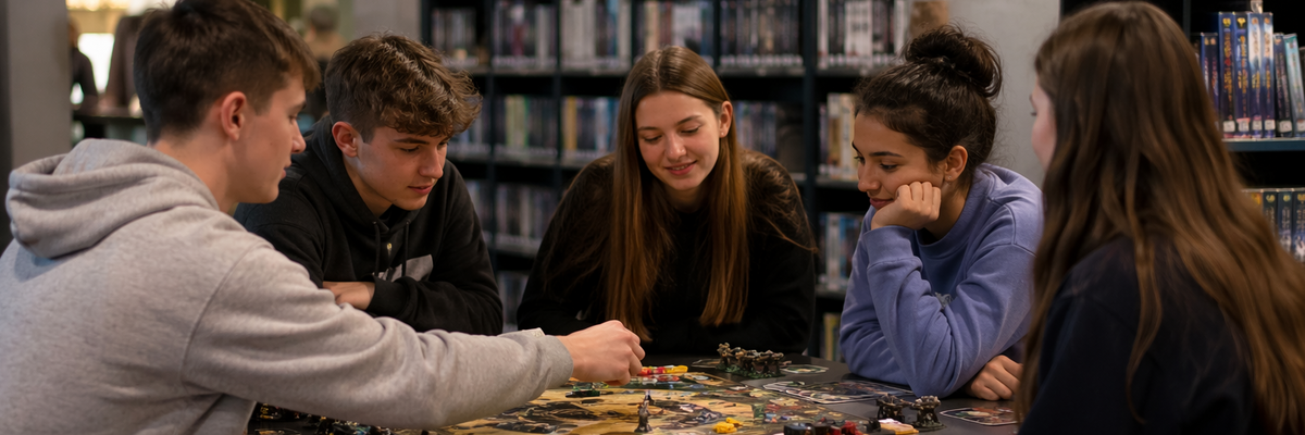 Eine Gruppe Jugendlicher sitzt am Tisch und spielt ein Brettspiel.