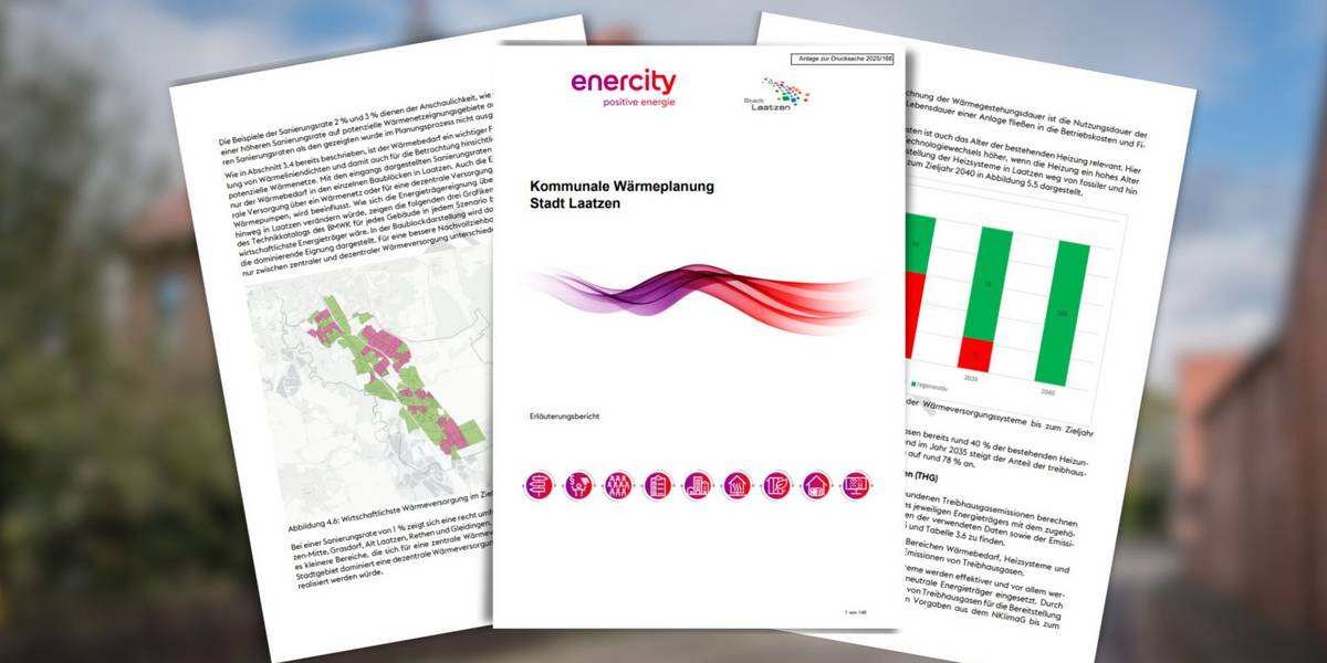 Hervorhebung von drei Einzelseiten, die exemplarisch für den Erläuterungsbericht zur kommunalen Wärmeplanung stehen.