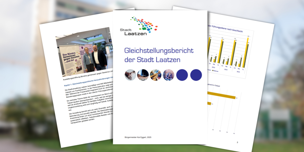 Bürgermeister Kai Eggert legt den Gleichstellungsbericht der Stadt Laatzen vor. © Stadt Laatzen Grafik mit drei einzelnen Seiten ddes Gleichstellungsberichts.