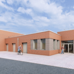 Visualisierung eines roten Backsteingebäude-Komplexes mit Fahrradständern an der Eingangstür