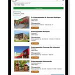 Ein Screenshot des neuen Elternportals mit einer bebilderten Liste verschiededener Kitas im Stadtgebiet