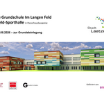 So soll die Grundschule Im Langen Feld künftig aussehen: Der Neubau bekommt farbig gegliederte Fassaden und soll 2027 baulich fertiggestellt werden © Gaudlitz Architekten Perspektive eines Gebäudes mit einer bunten Fassade