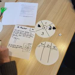 Auf einem Tisch sieht man ein neu, entwickeltes Spiel. Das Spiel heißt Faktor X. Man kann das Spielfeld/ Brettspiel auf dem Tisch sehen.