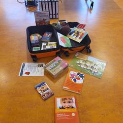 Auf einem Fußboden stehen Bücher. Es sind verschiedene Kinderbücher, die sich die Teilnehmenden ansehen können.