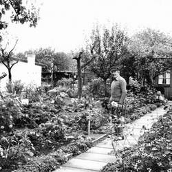 Zwei Männer bei der Arbeit in einem Kleingarten, im Hintergrund Gebäude