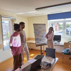 3 Fachkräfte stellen an einer Flipchart ihre Ergebnisse vor.