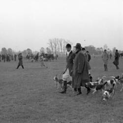 Im Vordergrund Herren mit Hunden, im Hintergrund mit Pferden