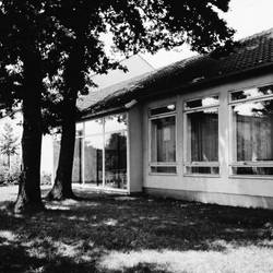 Schulgebäude von außen, davor zwei Bäume