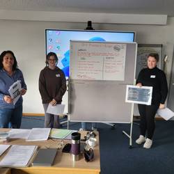 3 Kollginnen stehen an einer Flipchart und erklären den Feedback- Burger.