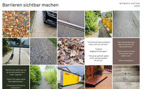 Collage aus Fotos verschiedener alltäglicher Barrieren wie unebenen Wegen, Stufen, Baustellen, Laub, schmalen Durchgängen und schlecht erreichbaren Orten. Dazu mehrere Textzitate von Bürgerinnen und Bürgern über fehlende Barrierefreiheit, zum Beispiel unklare Information, schwere Türen, keine Parkplätze oder komplizierte Formulare.