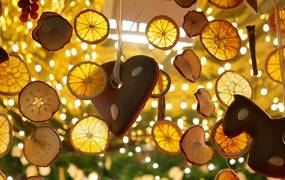 hängende Lebkuchen und getrocknete Orangenscheiben