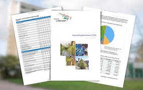 Grafik mit drei Einzelseiten inkl der Titelseite des Haushaltsplanentwurfs 2027
