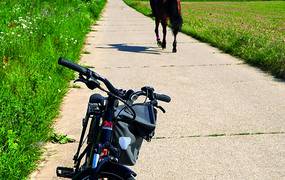 Ein Fahrrad steht auf dem Feldweg. Im Hintergrund ist eine Reiterin zu sehen.