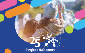 Ein Plakat mit Luftballons udn der Aufschrift 25 Jahre Region Hannover