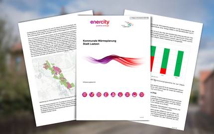 Hervorhebung von drei Einzelseiten, die exemplarisch für den Erläuterungsbericht zur kommunalen Wärmeplanung stehen.