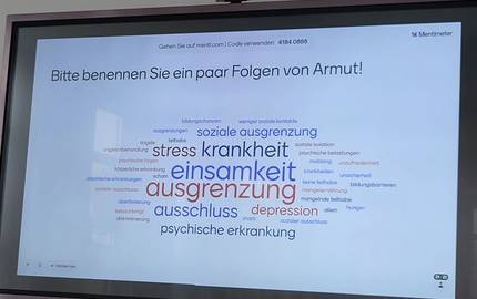 Über Mentimeter sammeln alle Teilnehmenden Folgen von Armut. Über das Whitboard werden die Begriffe gezeigt.