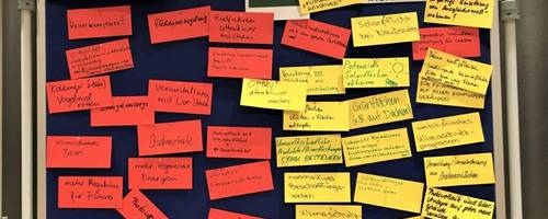 Eine Pinnwand mit beschriebenen Notizzetteln.