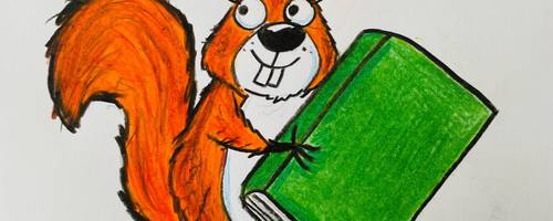 Ein kleines gezeichnetes rot-braunes Eichhörnchen, welches ein grünes Buch in den Händen hält.