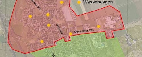 Stadtkartenausschnitt mit Verzeichnis der Wasser Entnahmestellen