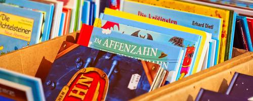 Kinderbücher lehnen in einem Holzkasten aneinander.