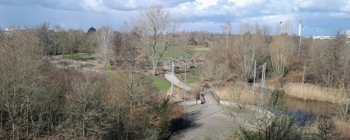 Luftbildaufnahme eines Parks mit Teich