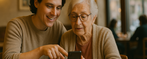 Ein jüngerer Mann erklärt einer älteren Frau das Smartphone, beide sitzen an einem Tisch im Bisto.