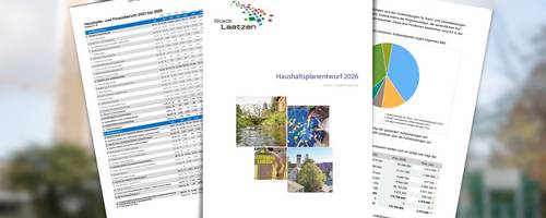 Grafik mit drei Einzelseiten inkl der Titelseite des Haushaltsplanentwurfs 2027