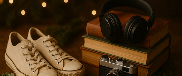 Sneaker, Bücher, Kopfhörer und eine Kamera auf einem Holztisch, dahinter warme Lichter und etwas Tannengrün.