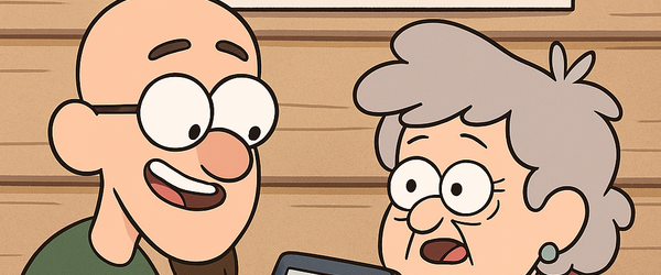 Ein Mann zeigt einer älteren Dame einen E-Reader