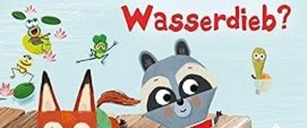 Ein Fuchs und ein Waschbär auf einem Steg im See