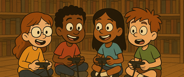 Vier Kinder sitzen um eine Spielkonsole herum